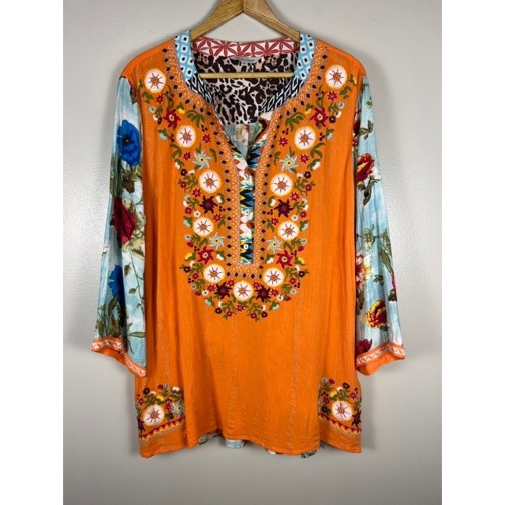 John Mark Orange Embroidered Floral Mixed Media Boho Tunic Blouse XL